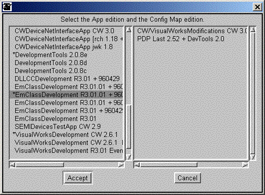 Application or subapplication editions found dialog box. An application or subapplication and one of its editions must be chosen before pressing the “Accept” button.