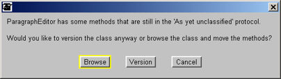 Image of warning dialog box. If a class is versioned with comments but there are methods that are still in the ’As yet unclassified’ protocol, the option is given to try and classify the methods before versioning the class.