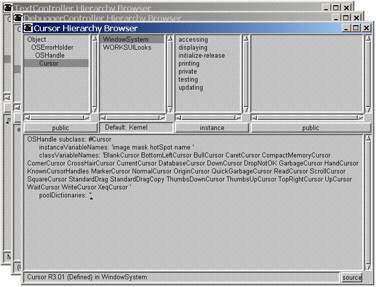 Image of cascading window options working with three open Class Hierarchy Browser windows.
