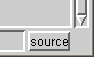 Image of the middle right hand area of a Debugger window. Shown is the "source" button which has been made shorter so that it is not accidentally pressed when an attempt is made to press the down arrow button in the scroll bar for the text editing pane above it.