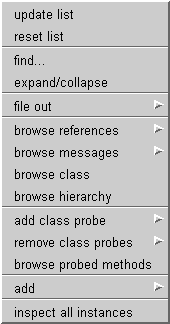 Class hierarchy list pane pop up menu. Additions are “reset list" and “inspect all instances”.