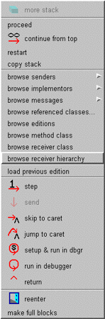 Image of the pop up menu in the call stack subpane. The added menu item is "browse receiver hierarchy".