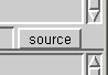 Image of the lower right hand corner of a ClassHierarchyBrowser. Shown is the "source" button which has been made shorter so that it is not accidentally pressed when an attempt is made to press the down arrow button in the scroll bar for the text editing pane above it.