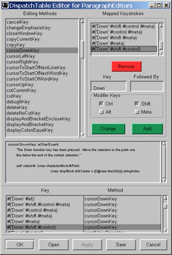 The Dispatch Table editor window. Used to change key mappings in text editors.