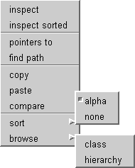 Image of the SortedInspector instance pane popup menu. New items include "inspect sorted", and the "sort" and "browse” submenus.
