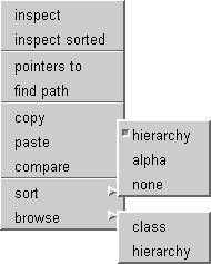 Image of the SortedInspector instance pane popup menu. New items include "inspect sorted", and the "sort" and "browse” submenus.