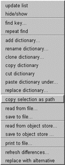 Image of the pop menu in the dictionary pane of a SysConfigDiffBrowser. The new menu item is "copy selection as path".